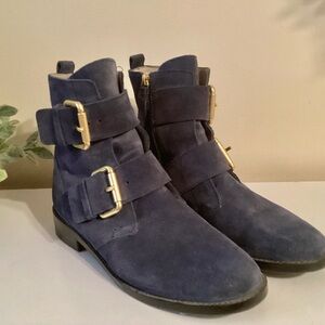 Boden Blue Suede Ankle Booties with Double Gold Buckles Size 38/8